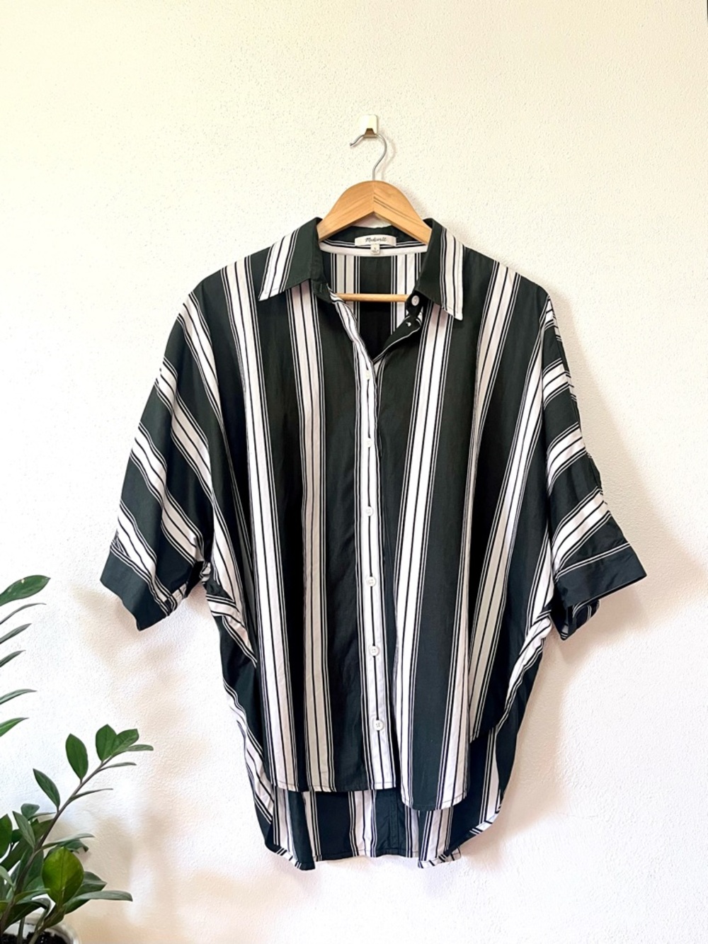 Madewell Women's Oversized Striped Pleated Sleeve Button-Up Shirt Summit Green